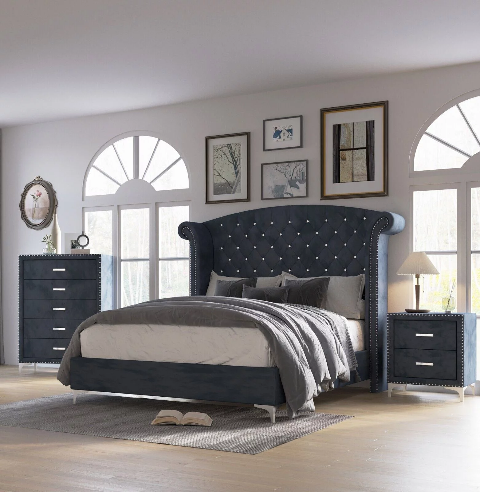 Modern Glamourous Style 3pc King Size Bed Chest Nightstand Bedroom Set Dark Gray Velvet Upholstery Furniture