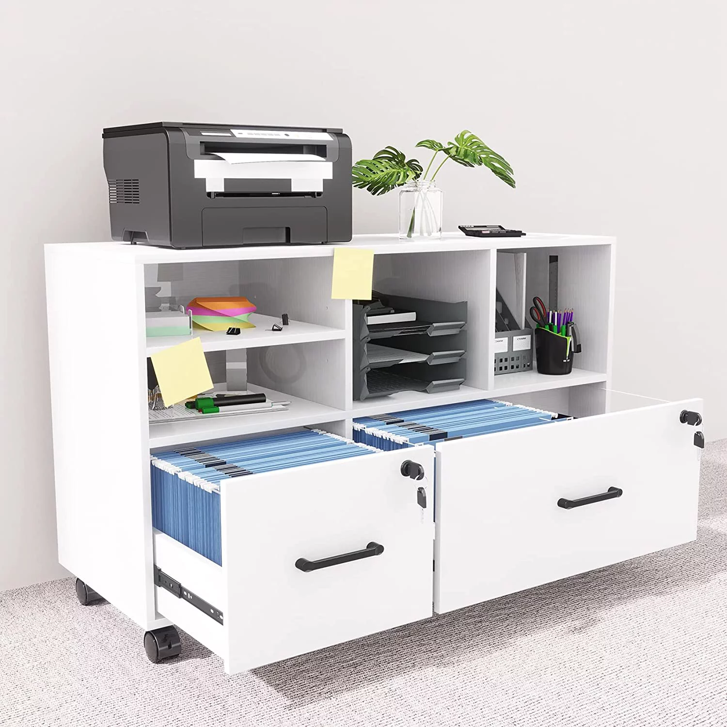 2 Drawer Wood Lateral File Cabinet with Lock, Lockable Rolling Filing Cabinet with Open Storage Shelves, Printer Stand Office Storage Cabinet for Home Office Fits Files Legal/A4 Size, White - Curated Treasures Market