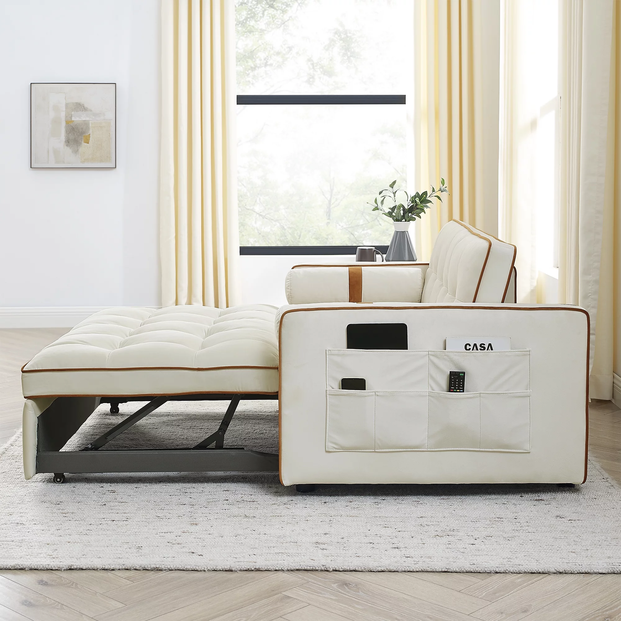 Ufurpie 55.5" Pull-Out Velvet Sofa Bed,Sleeper Sofa with Adjustable Backrest and Lumbar Pillows,2 Seater Loveseats Sofa Couch,for Living Room,Bedroom,Apartment,White