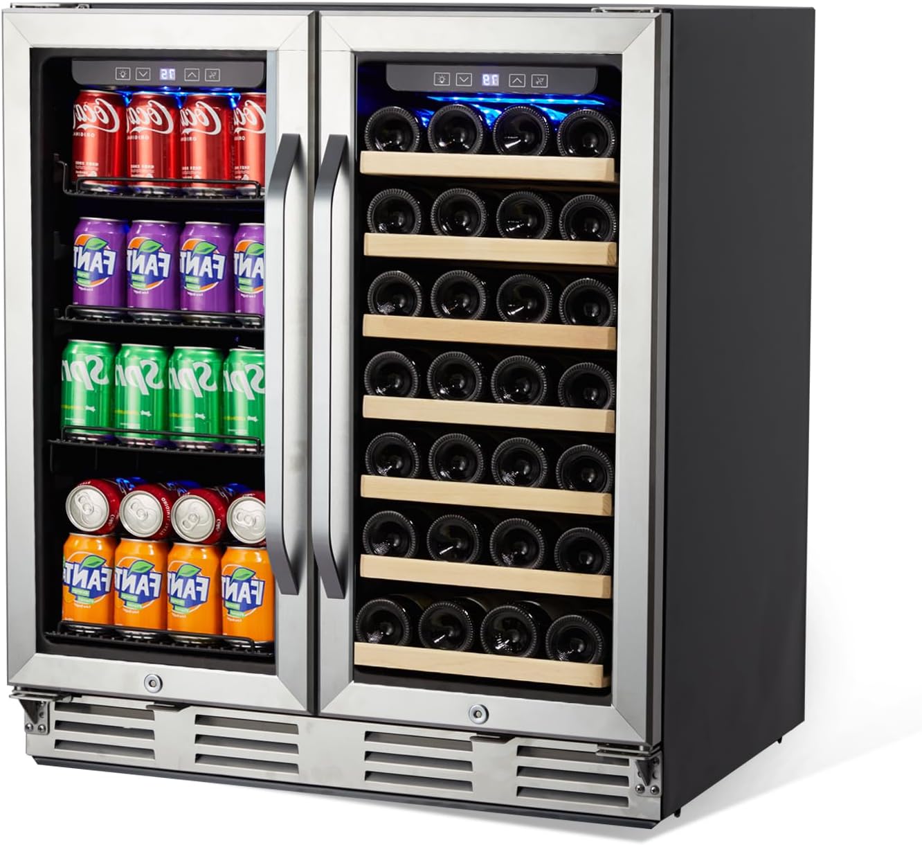 Wine and Beverage Refrigerator, 30 Inch Dual Zone Wine Cooler Refrigerator Wine Fridge with Digital Temperature Control Safety Locks LED Light, Hold 33 Bottles and 100 Cans, Built-In or Freestanding