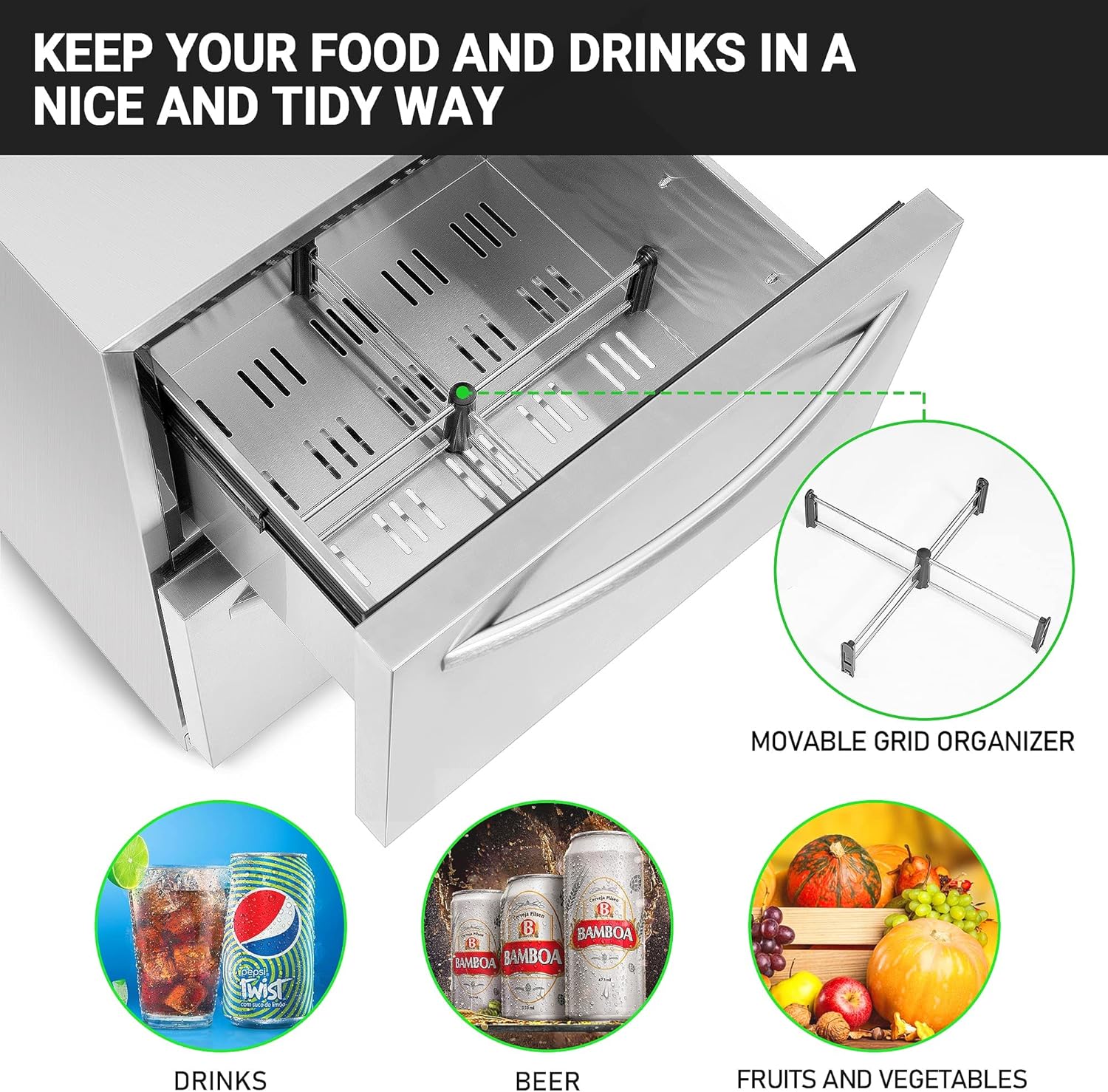 Under Counter Refrigerator, Stainless Steel Under Counter Drawer Fridge Beverage Fridge Refrigerator with Digital Displayfor Outdoor and Home Use