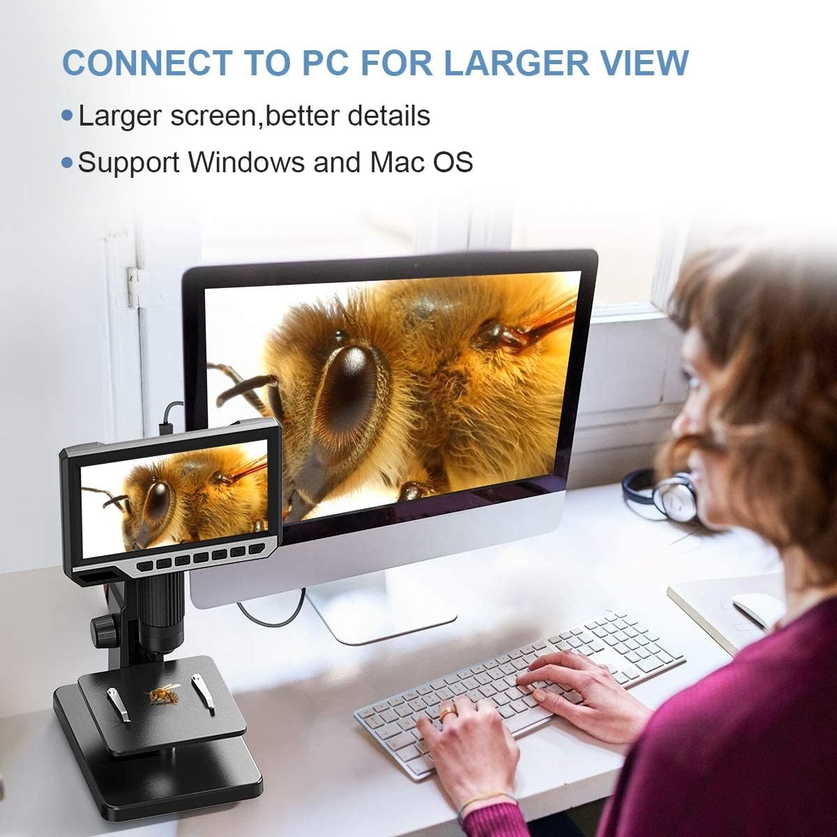 TOMLOV DM11 LCD Digital Microscope with 2000X Dual Lens(Digital & Microbial Lens), 7'' IPS Display∣10 LEDs∣12MP Resolution∣Windows/Mac OS Compatible, SD Card Included