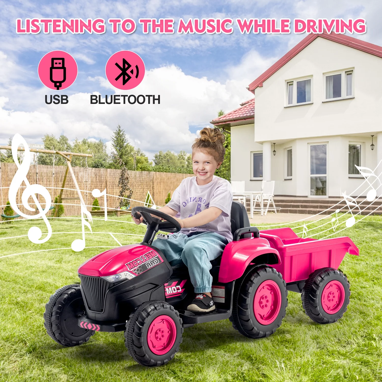 Erommy Kids Ride on Tractor with Remote Control, 12V Battery Powered Electric Tractor with 30W Dual Motors/Cool Lights/Bluetooth Music for Kids, Green