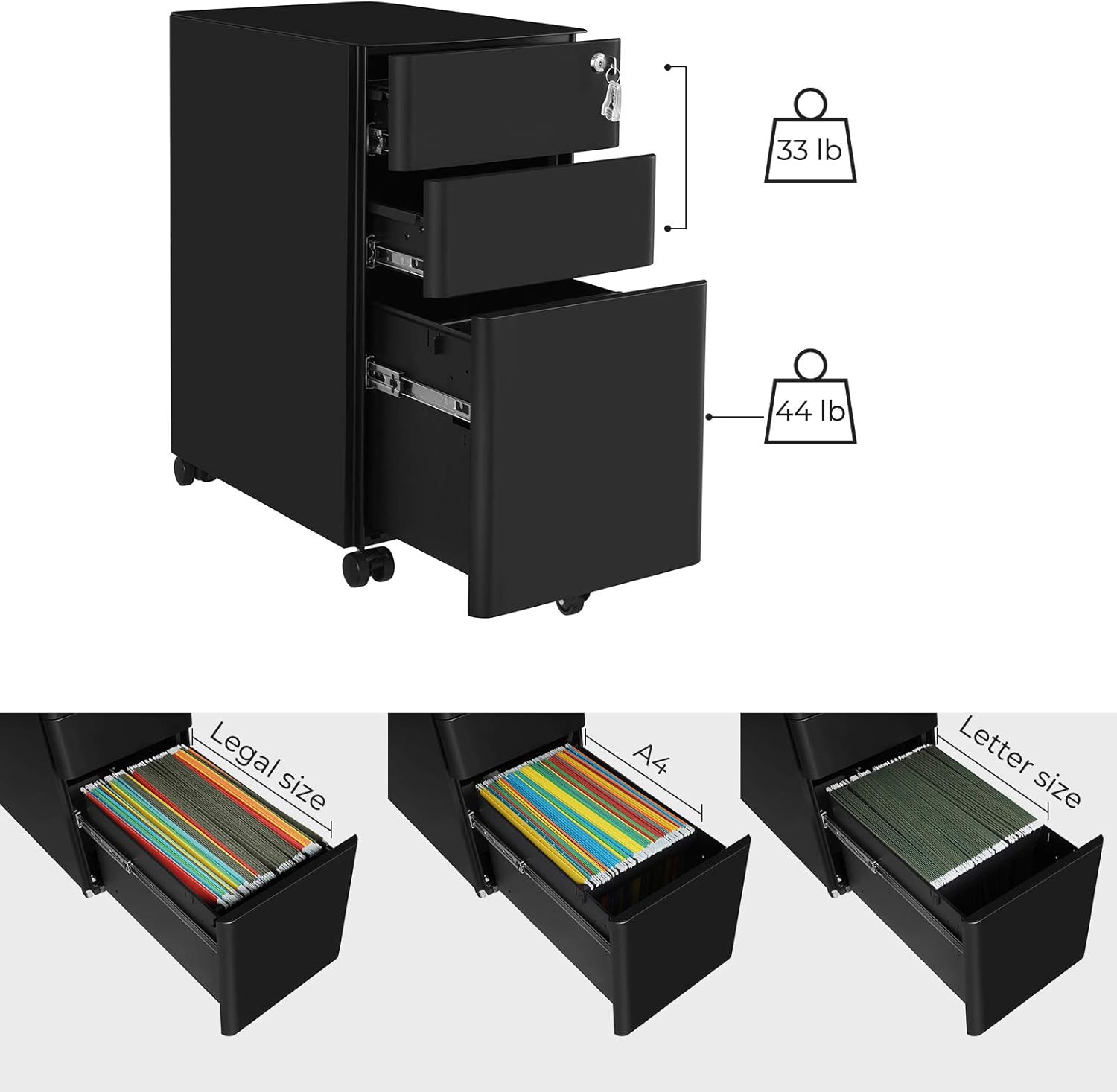SONGMICS File Cabinet , Steel Filing Cabinet with 3 Drawer, Mobile Pedestal Cabinet Under Desk, with Lock, Fully Assembled Except Casters, Black UOFC030B01