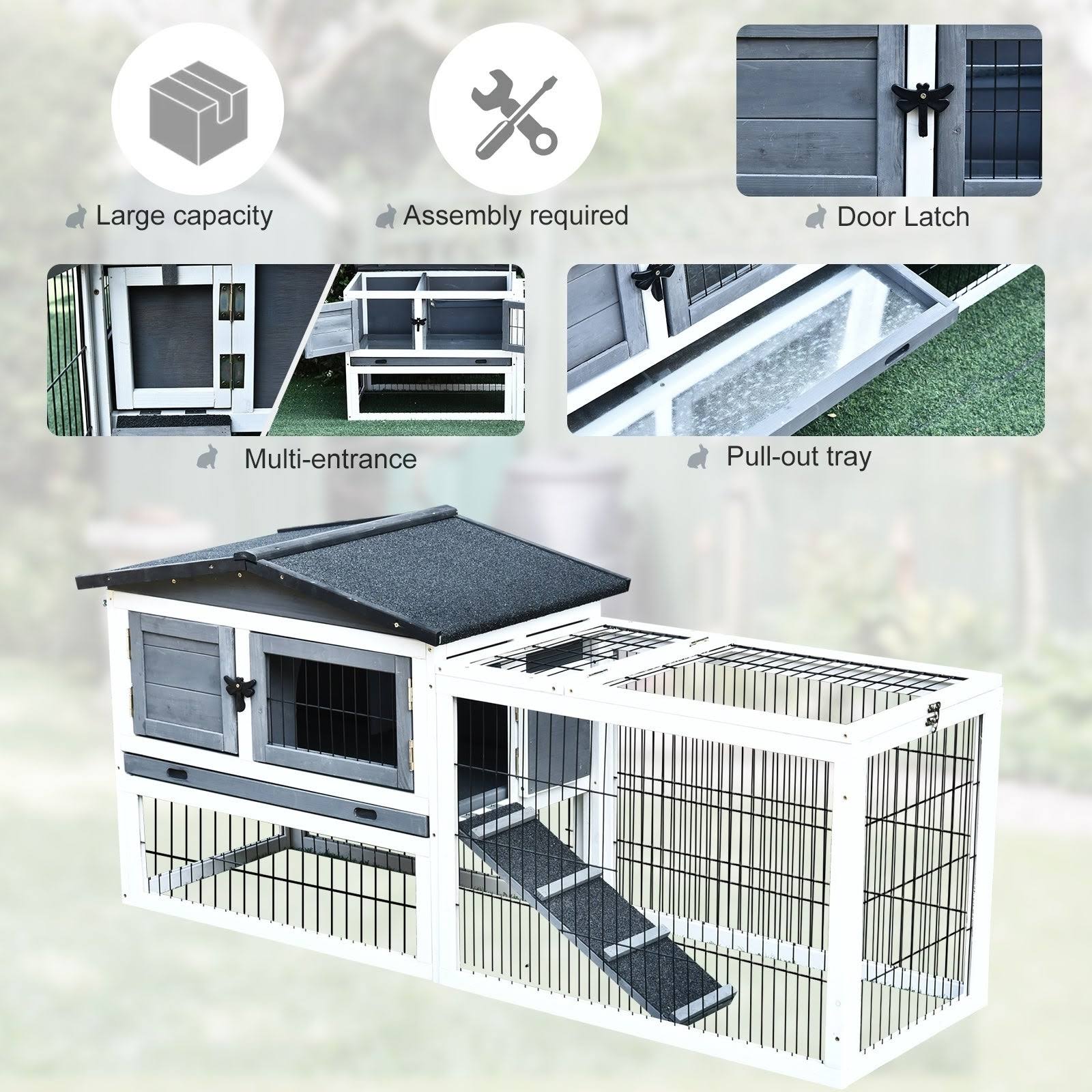 PawHut Solid Wood Rabbit Hutch with 2 House Levels and Patio Space, Strong Black Metal Cage WIRE, and Easy Clean Tray