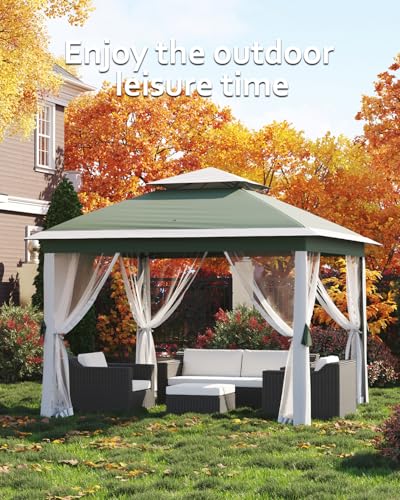 11x11 Pop Up Gazebo Tent with Mosquito Netting, Outdoor Canopy Shelter Easy Setup, Water & UV Resistant - Khaki