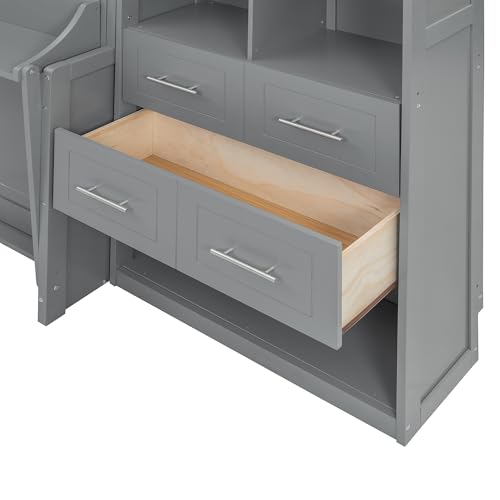 KLMM Wooden Murphy Bed Wall Bed with 2 Wardrobe and Storage Shelf,Foldable Platform Bedframe for Guest-Room Bedroom Study Office Use (White#E, Full)