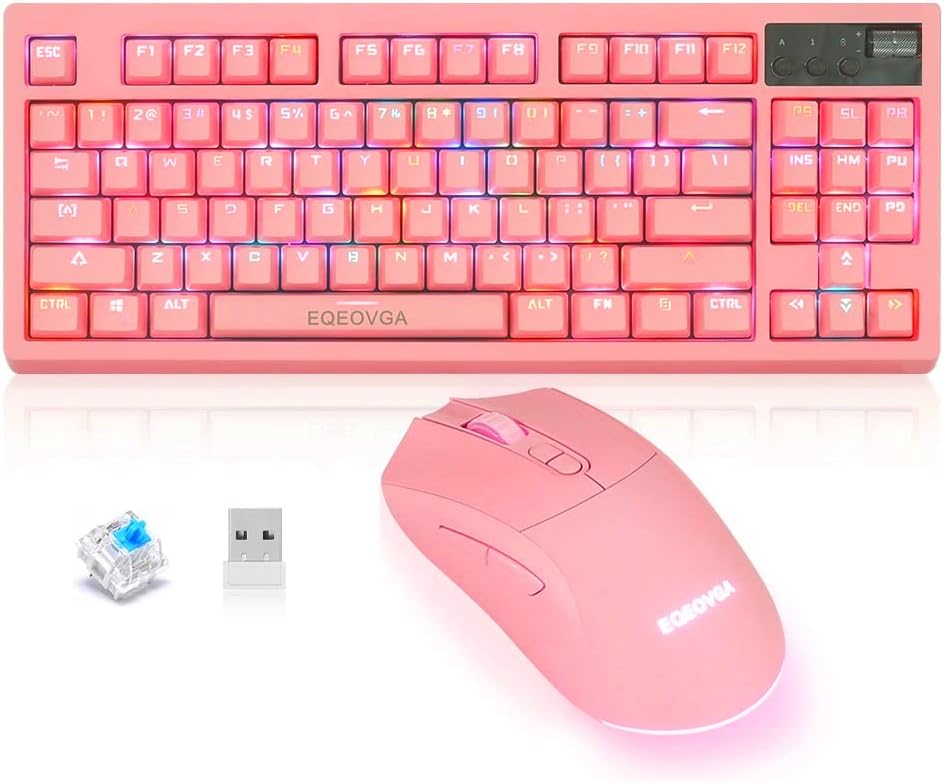 RGB Pink Wireless Mechanical Keyboard and Mouse Combo ，87 Keys Mechanical Switch 2.4G Wireless Anti-ghosting Waterproof ,4000DPI Backlight Mouse ,Rechargeable Keyboard and Mouse for Computer PC Gamer