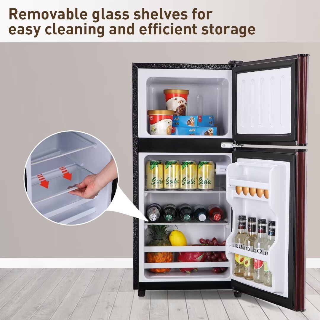 Compact Refrigerator, 3.3 Cu.Ft Apartment Size Refrigerator with Freezer, Small Fridge with Level Adjustable Thermostat Control Perfect for Kitchen, Wood
