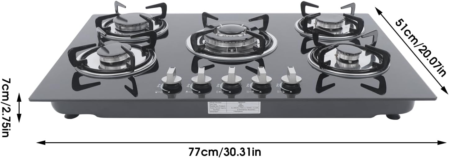 30 Inch Gas Cooktop, 5 Burners Gas Stovetop Cooktop Tempered Glass Built-in LPG/NG Convertible Gas Hobs Cooker for HomeKitchen, Restaurant