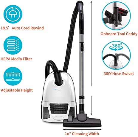 Canister Vacuum Cleaner - Jill Compact Vacuum, for Hardwood Floors and Rugs, Dual Certified Hepa Filtration, Bagged