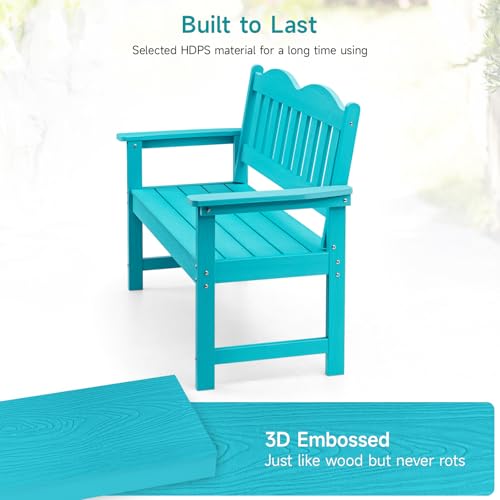 Outdoor Bench, 2-Person Poly Lumber Garden Bench with 800 lbs Weight Capacity, All-Weather Patio Bench with Armrests and Backrest for Garden, Porch, Backyard and Park, Blue