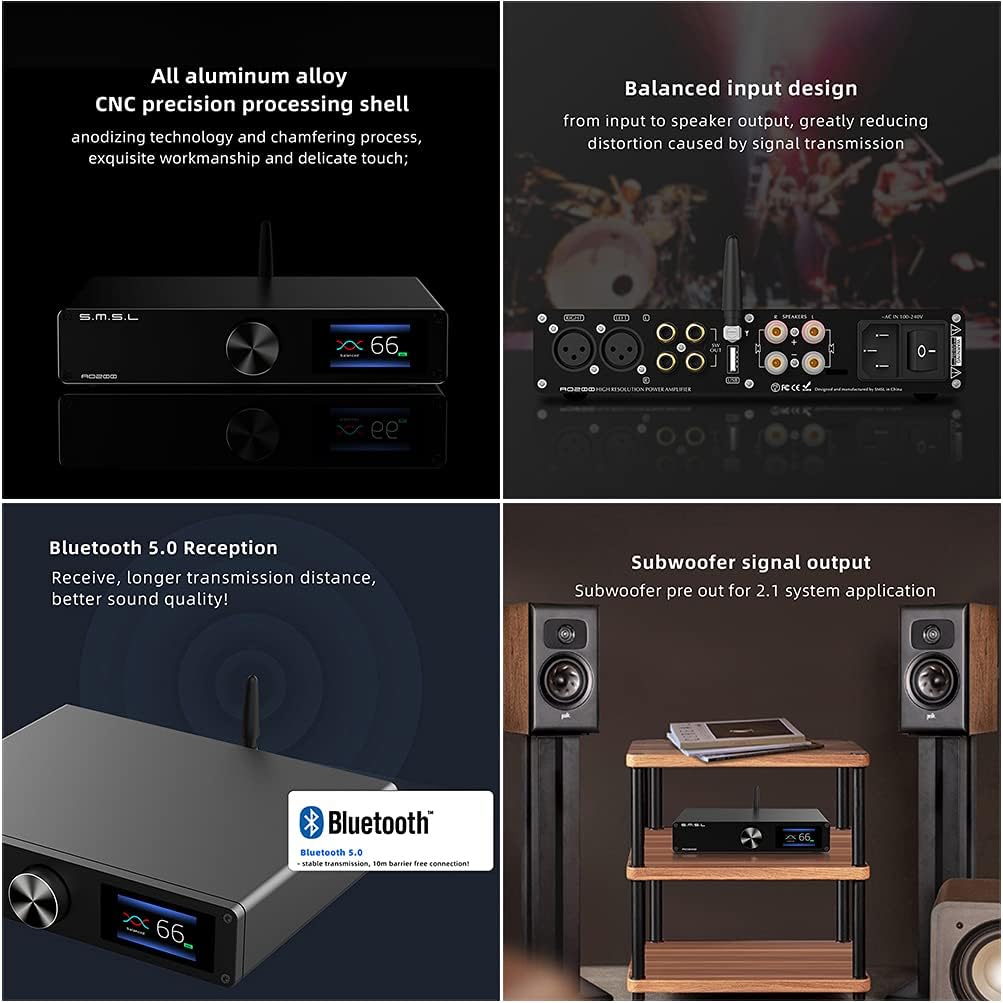 SMSL AO200 Digital Power Amplifier Bluetooth 5.0 MA12070×2 Chip 150W×150W USB/BT/XLR/RCA Input 2 Channel HiFi Desktop Amp with Remote Control for Subwoofer/Passive Speaker