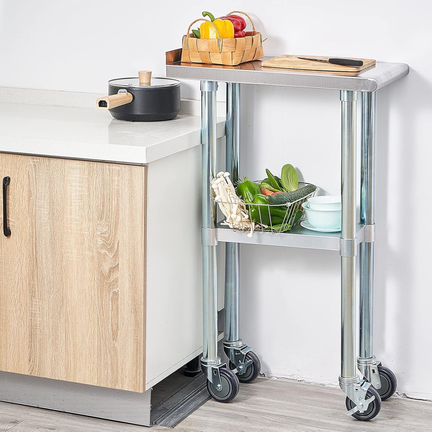 EASE-WAY Stainless Steel Metal Table NSF for Commercial Kitchen Prep & Work, 24 x 60 Inches Worktable with Backsplash, Adjustable Shelf and Caster Wheel, for Industrial Restaurant, Home and Garage