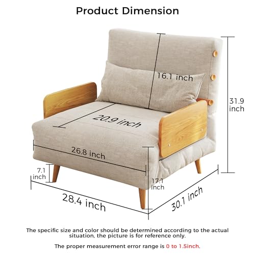3-in-1 Convertible Chair Bed Sleeper for Adults, Linen Convertable Sleeper Chair with Wooden Arms & Pillows, Foldable Single Futon Sofa Bed (Mid Century with Walnut Arm, 36.6" Wide)