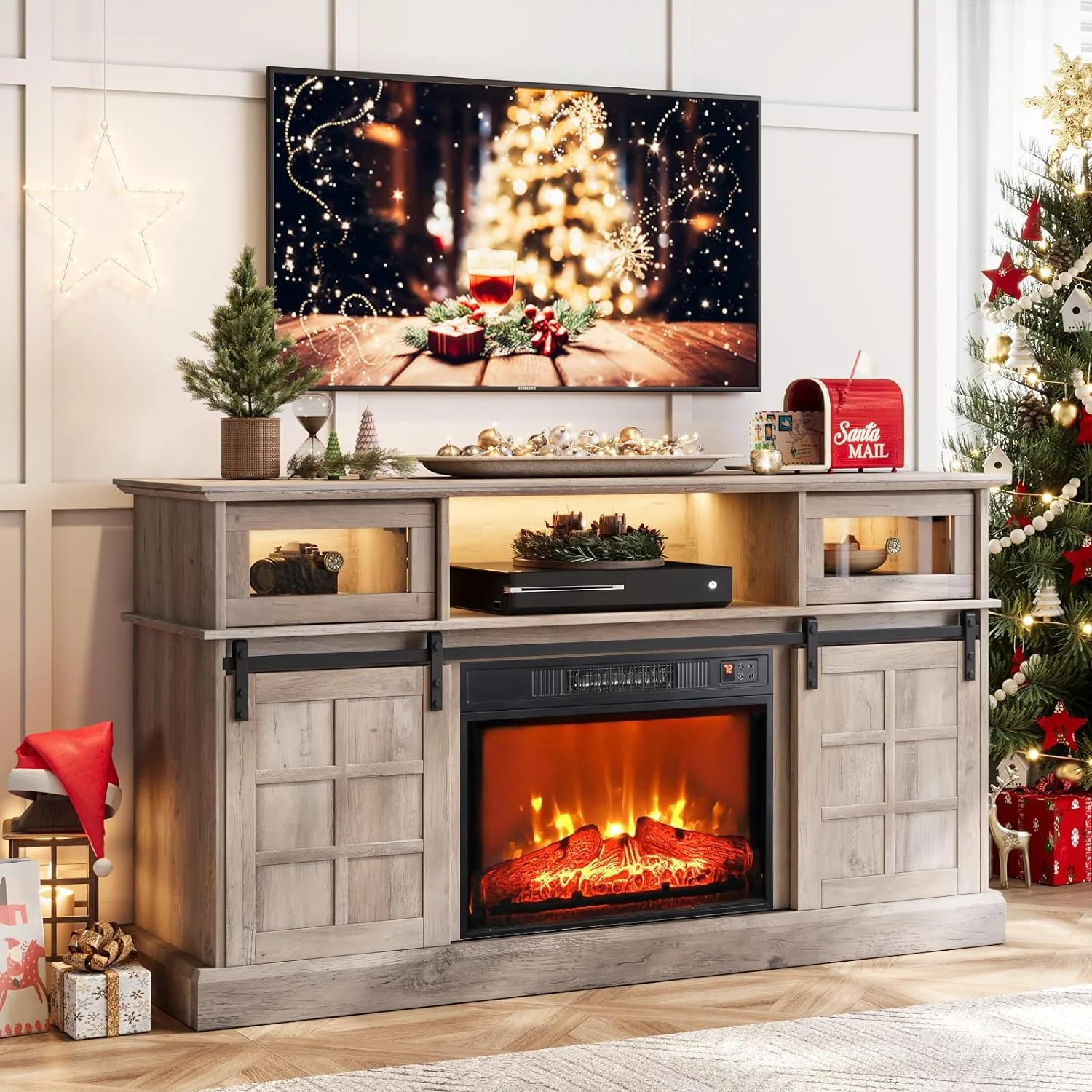 Relefree LED TV Stand with 23 Electric Fireplace. Modern Entertainment Center for 65 in TV with Sliding Barn Doors. Gray