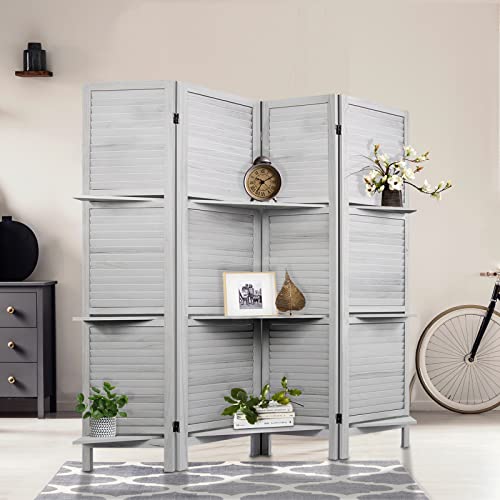 Room Divider with Shelves, Privacy Screen, Room Dividers and Folding Privacy Screens, 5 Panel Wood Temporary Wall Partition Separation Separator, Coconut