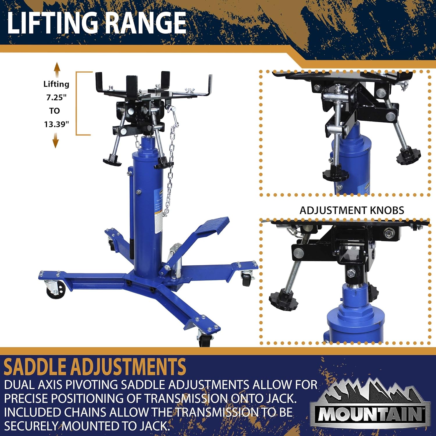 Mountain 1,000 Lb. Two Stage Hydraulic Telescopic Transmission Jack; Easy to Use Foot Pump, Heavy Duty Steel, Dual Axis Pivoting Saddle; MTN60504