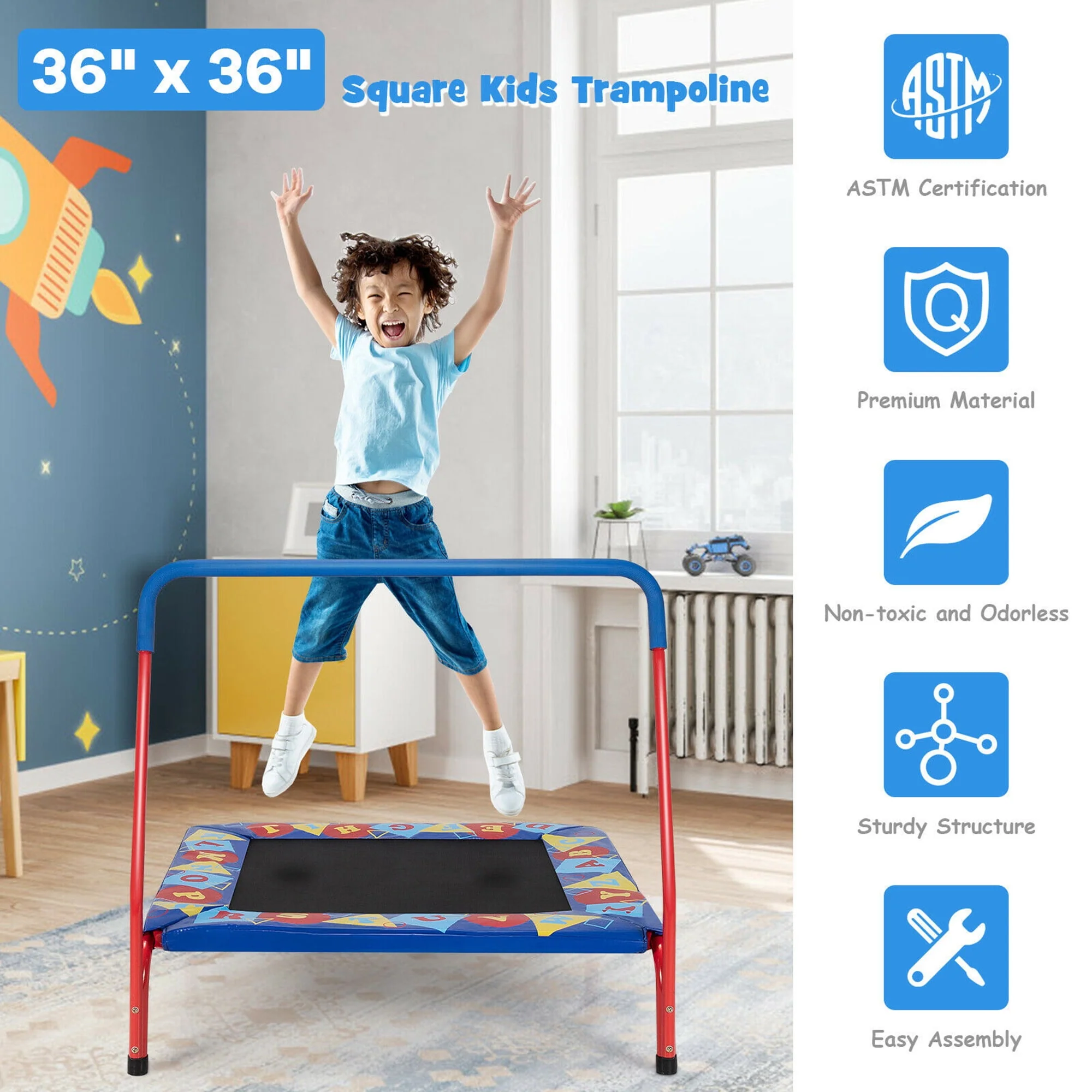 Gymax 36'' Kids Square Trampoline Indoor Outdoor Rebounder W/Foam Handrail Alphabet Pad