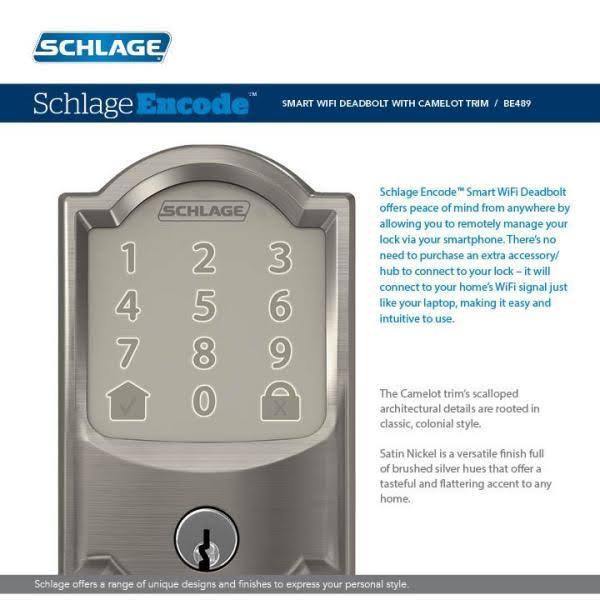 Schlage Camelot Encode Smart WiFi Door Lock with Alarm and Accent Lever Handleset in Satin Nickel
