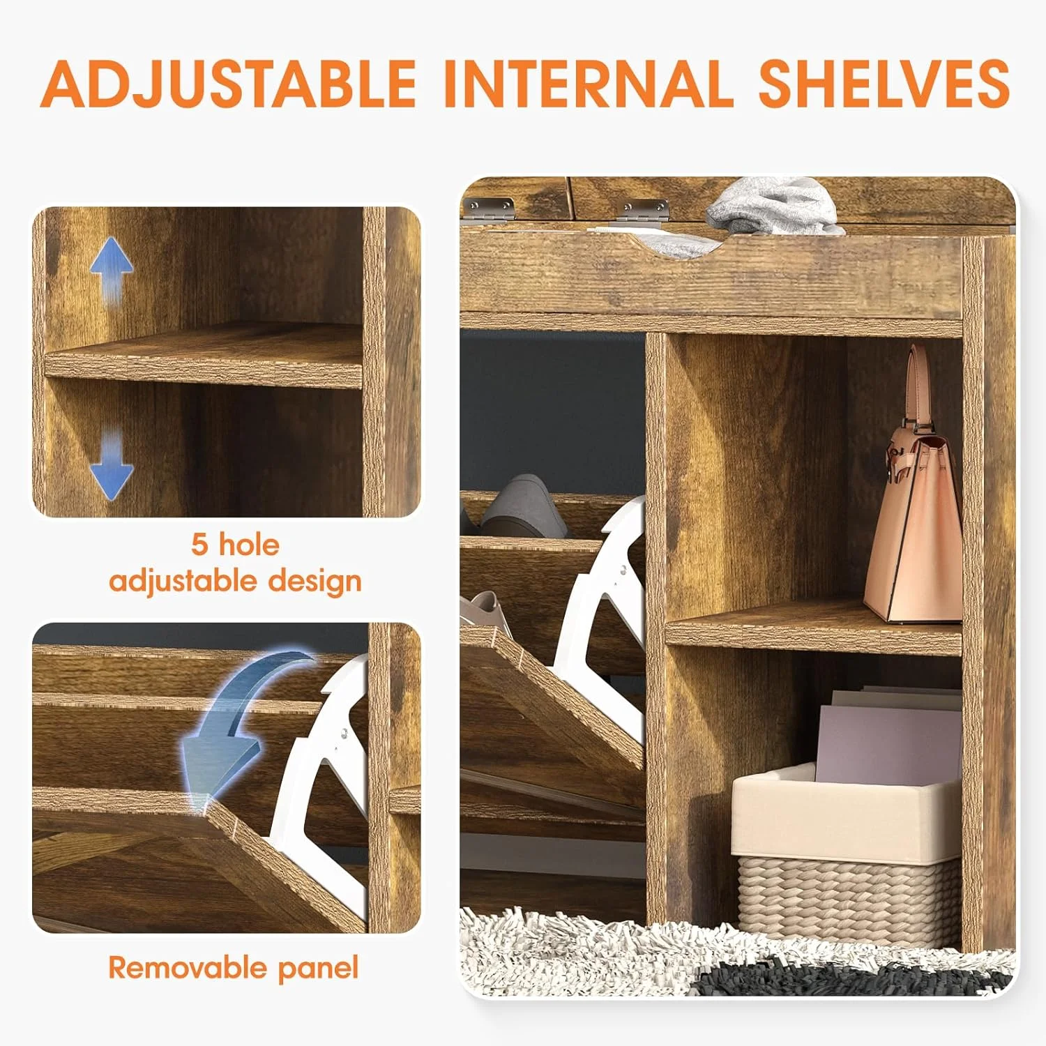 WAGEE Shoe Storage Bench with Flip Drawer, Entryway Bench with 2 Lift Top Storage Boxes, Adjustable Shelf, Narrow Shoe Rack Shoe Cabinet for Entryway Slim, Living Room, Bedroom, Mudroom,Rustic Brown