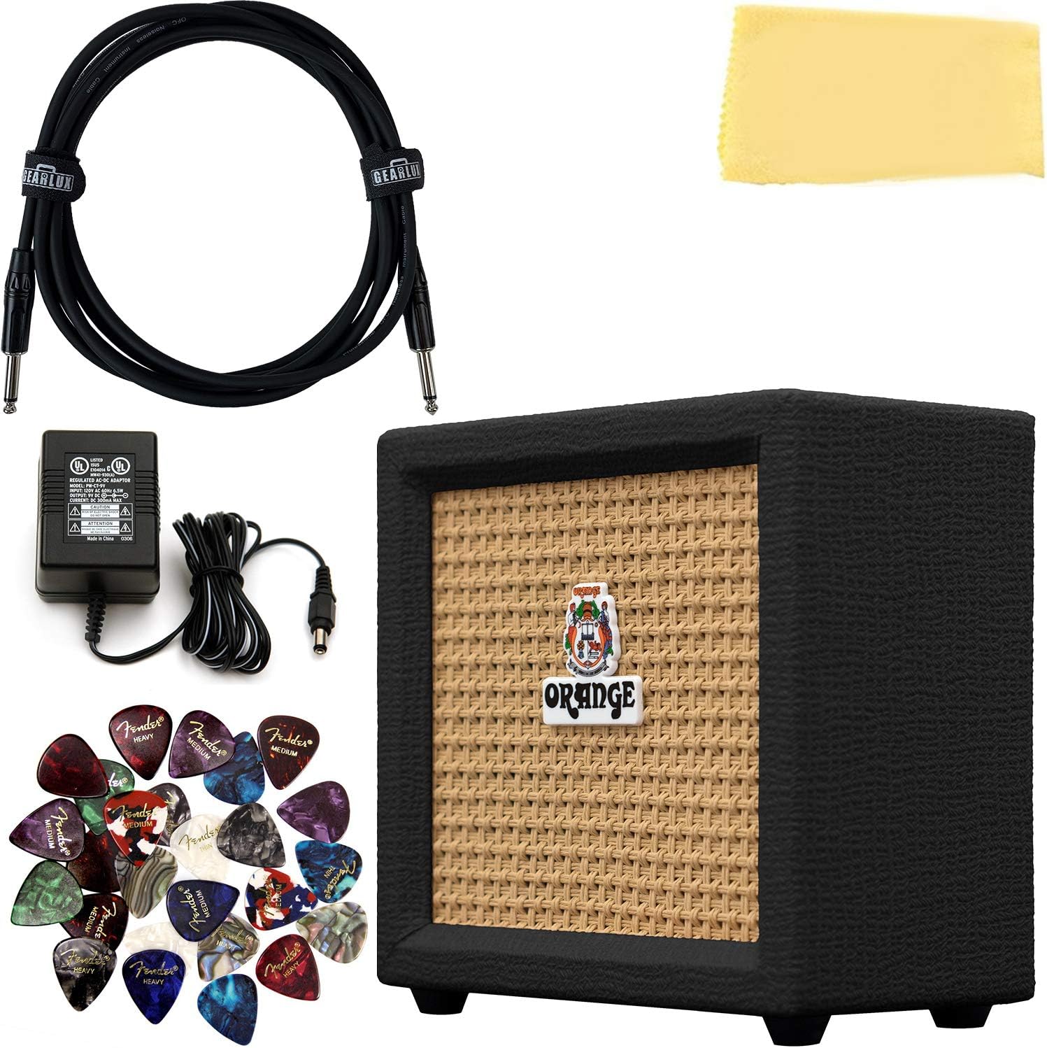 Orange Crush Mini Guitar Combo Amplifier - Black Bundle with Instrument Cable, 24 Picks, and Austin Bazaar Polishing Cloth