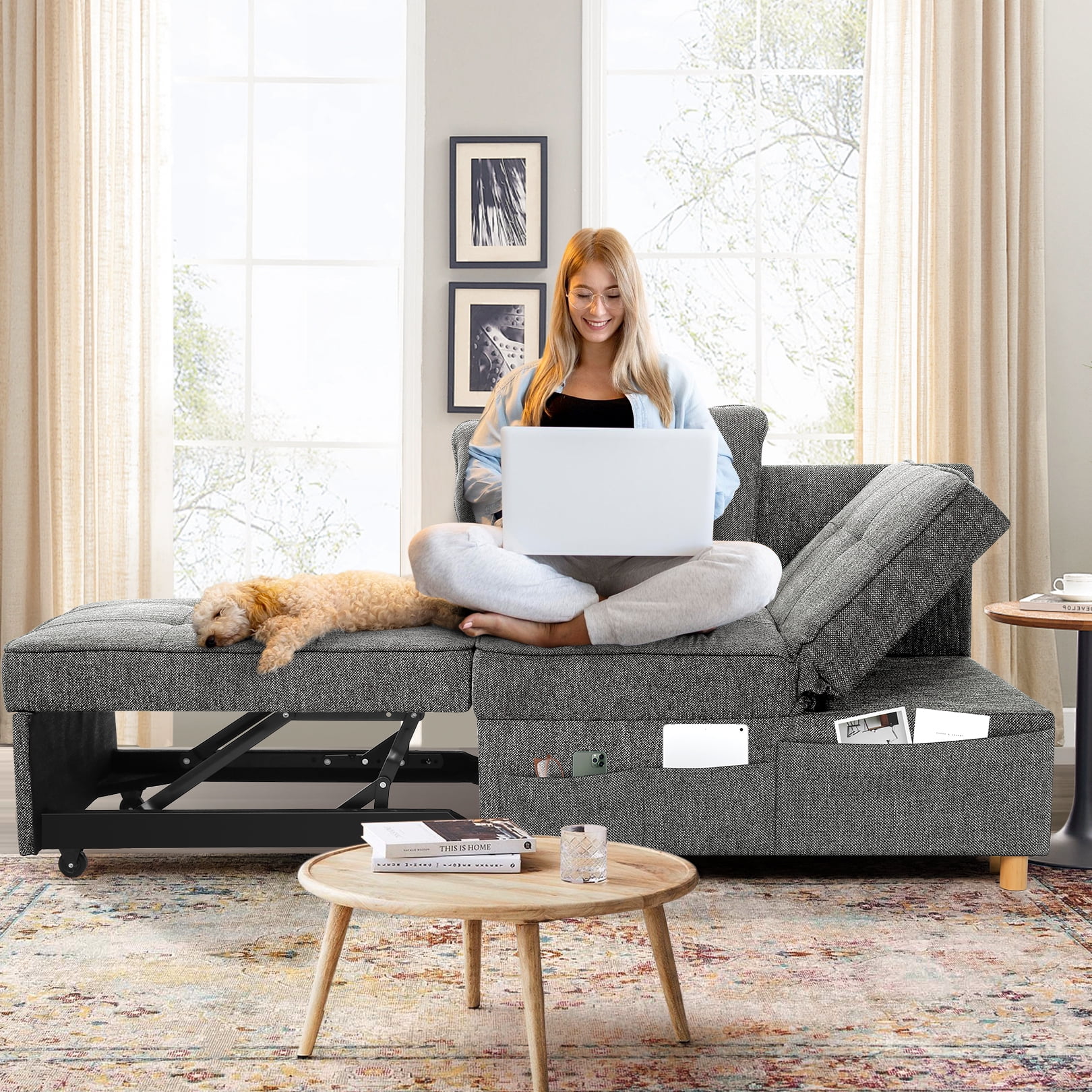 SEJOV Linen Sofa Beds Chair, 4 in 1 Convertible Chair Sleeper Bed with 5 Adjustable Backrest and 2 Pillows, Dark Gray