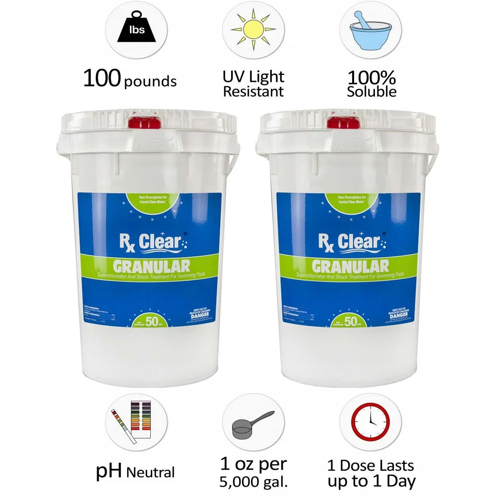 Rx Clear Granular Swimming Pool Chlorine - 100 lbs Bucket