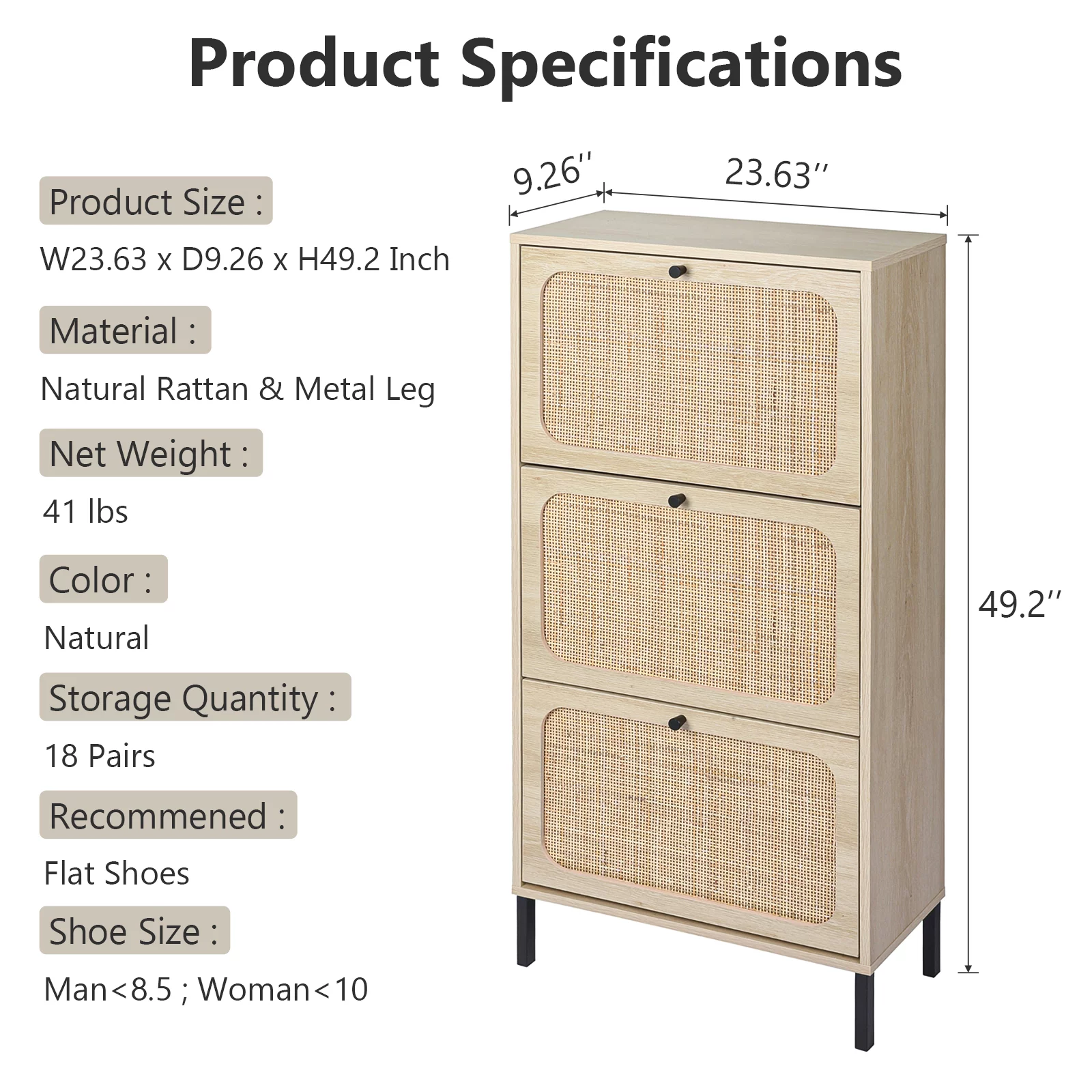 Sweiko Wooden Shoe Storage Cabinet with 3 Flip Drawers for Entryway Store 18 Pairs Natural Rattan