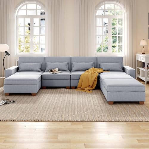 Modular Sectional Sofa, Convertible U Shaped Sofa Couch with Central Console & USB Ports, 7 Seat Modular Sectionals Couch with Chaise and Storage for Living Room, Light Grey