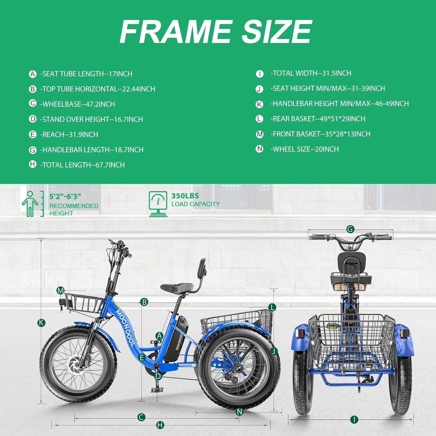 MOONCOOL Electric Tricycle for Adults, 20" x 4.0 Fat Tire 7 Speed Electric Trike, 750W Motorized 3 Wheel Electric Bicycle with Front & Rear Basket Basket, Suspension Fork - Curated Treasures Market