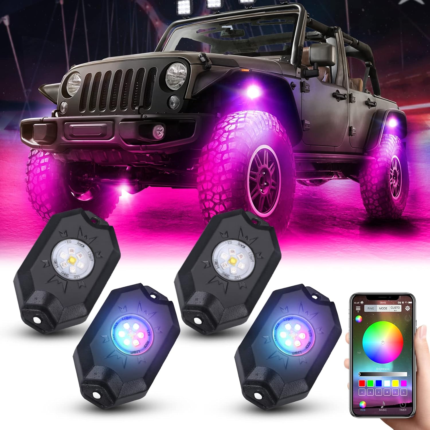 AMONLY RGBW Led Rock Lights Kit, Multicolor Underglow Waterproof Neon Lights With APP Control Timing Function Flashing Music Mode Exterior Light Compatible with Jeep Off Road Car Truck ATV UTV, 4 Pods