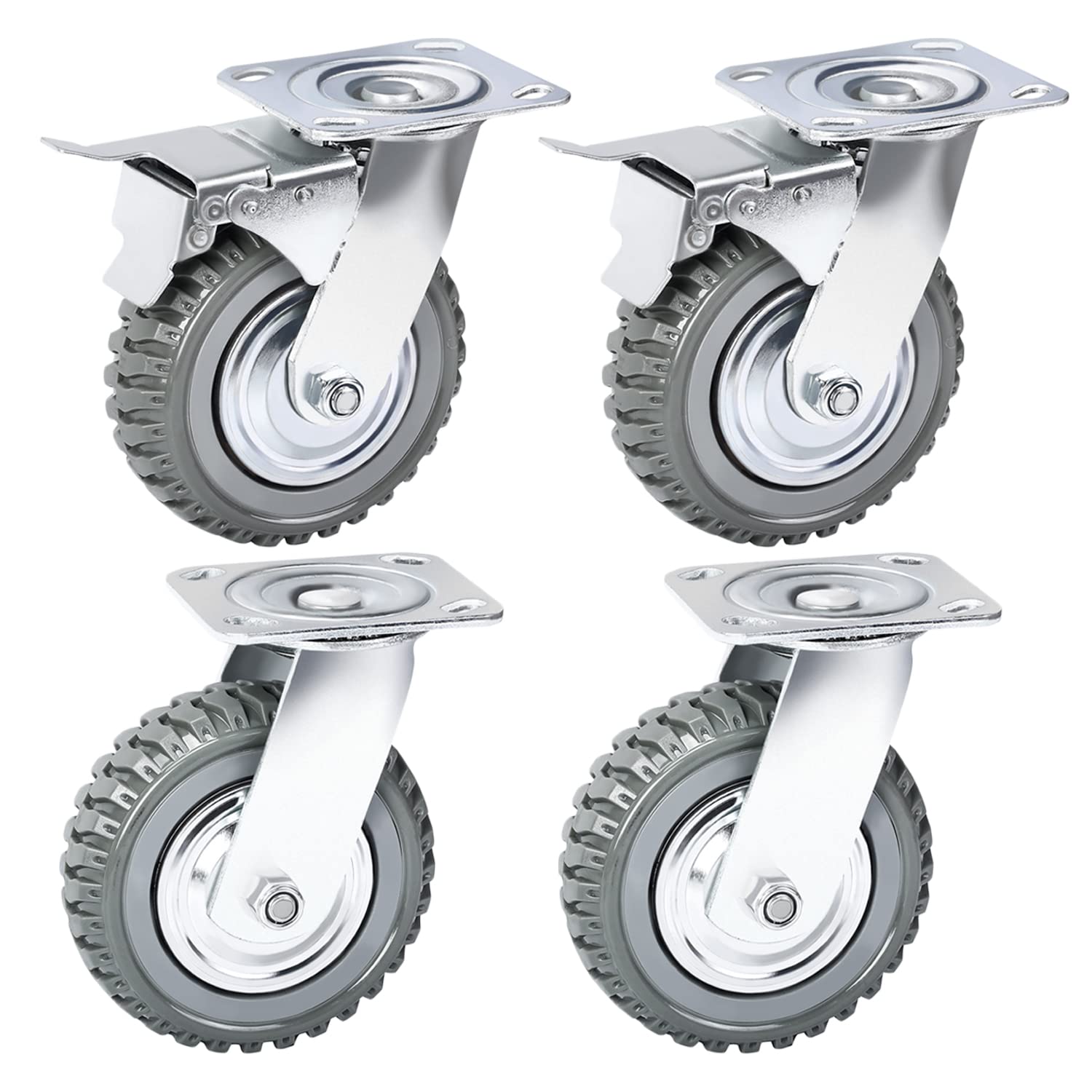 XINISS Heavy Duty Plate Casters Set, 6 inch Swivel Rubber Wheel Anti-Skid 360 Degree Ball Bearing Pneumatic Castor Wheels for Furniture and Workbench Set of 4 (2 with Brakes & 2 Without)