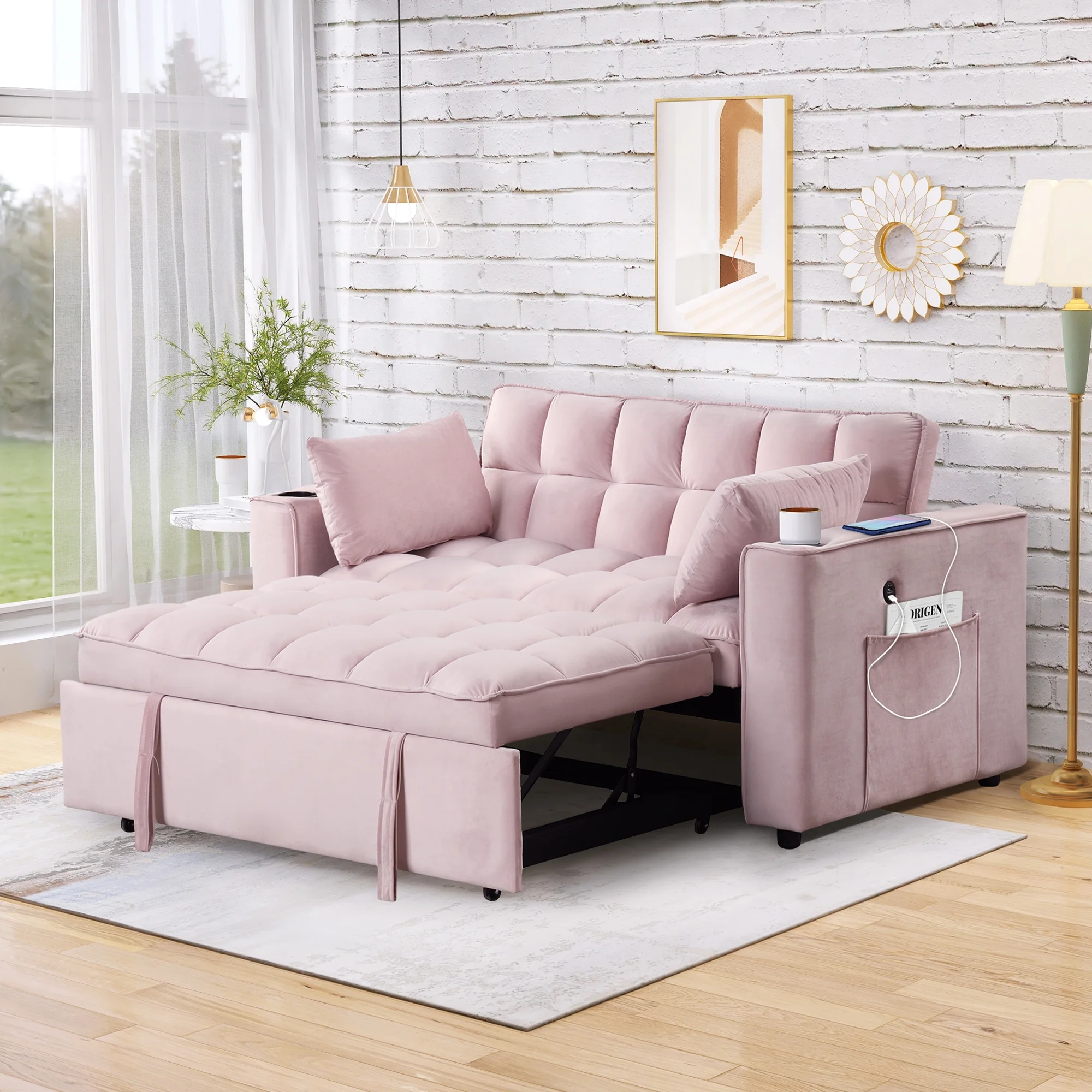 Hombay Modern Convertible Sleeper Sofa Bed, Folding Futon Couch Loveseat with Cup Holder and USB Charging Ports for Living Room Bedroom Apartment