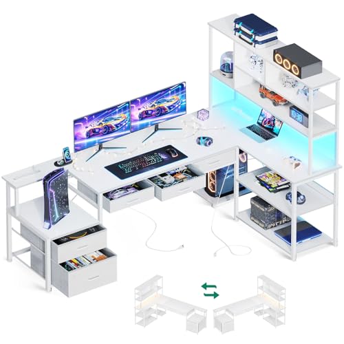 AODK 71 inch L Shaped Desk with File Drawers, Reversible L Shaped Gaming Desk with Power Outlets & LED Lights, Computer Desk with Storage Shelves for Home Office, Black