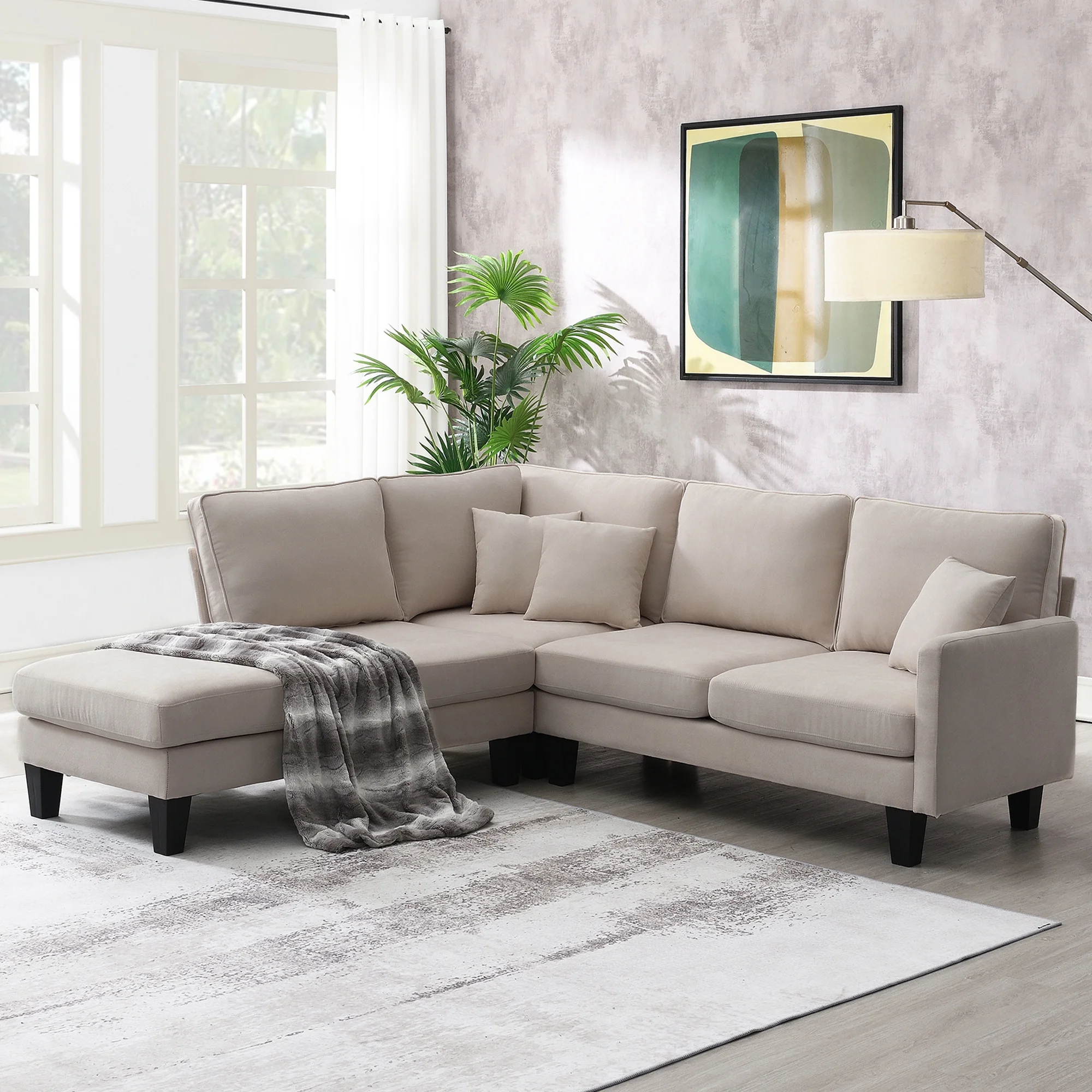 THINK 30,90L * 88W" Terry Fabric Modern L Shape Sectional Sofa,5 Seat Beige Practical Couch Set With Recliner,Simple Indoor Furniture With 3 Pillows for Living Room,Apartment,Office,Bedroom