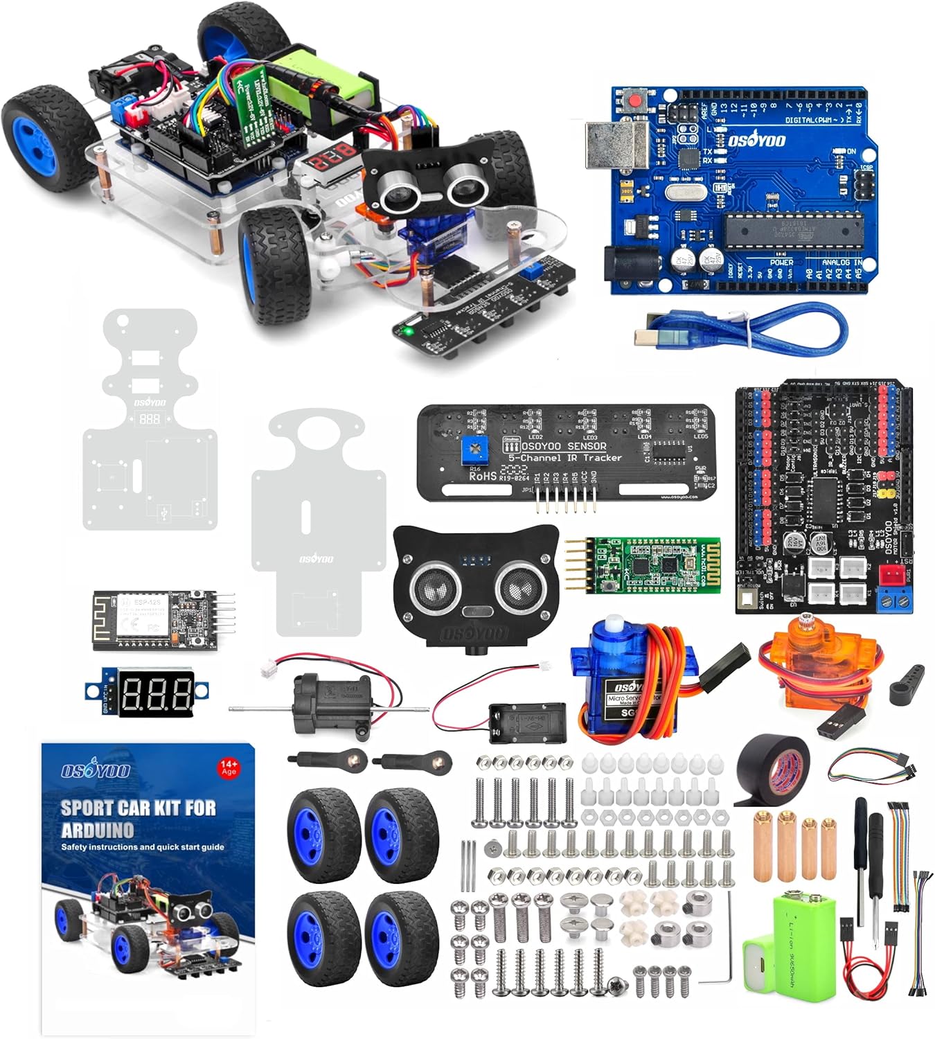OSOYOO Robot Rc Smart Car DIY Kit to Build for Adults Teens with Servo Power Steering Motor, WiFi, Bluetooth, Code Programmable Compatible with Arduino UNO