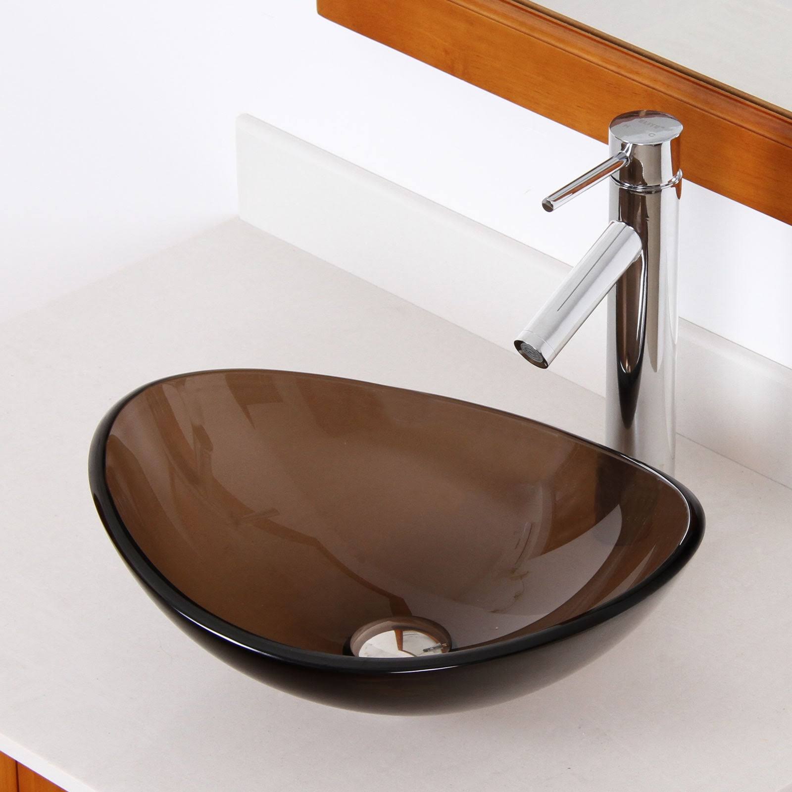 Elite 1417+2659 Unique Oval Transparent Brown Tempered Glass Bathroom Vessel Sink with Faucet Combo - Chrome Finish Faucet+Sink