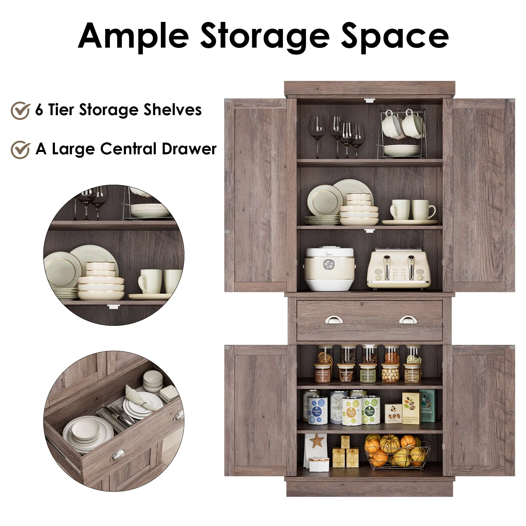 Homfa 72.4'' Tall Kitchen Pantry with 4 Doors, Large Drawer Shelves Wood Storage Cabinet for Dining Room Living Room, White