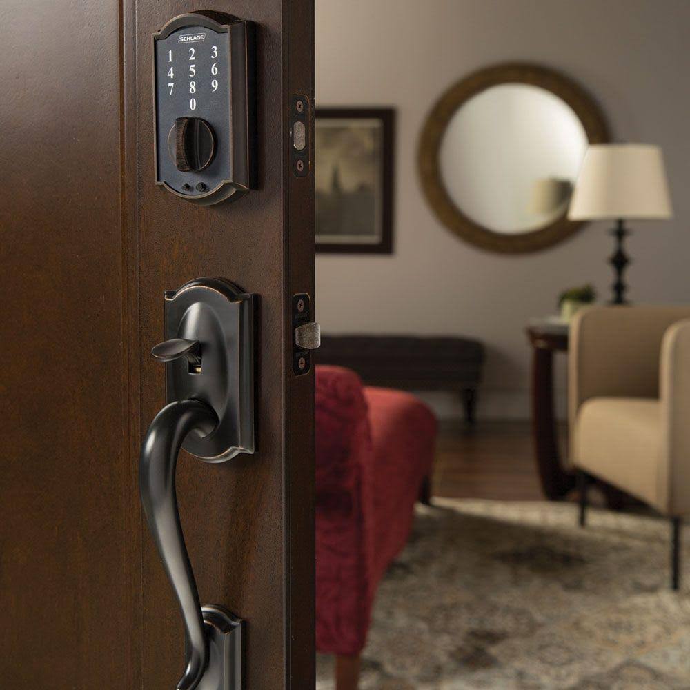 Schlage Camelot Satin Nickel Touch Electronic Door Lock Deadbolt and Georgian Knob 48546