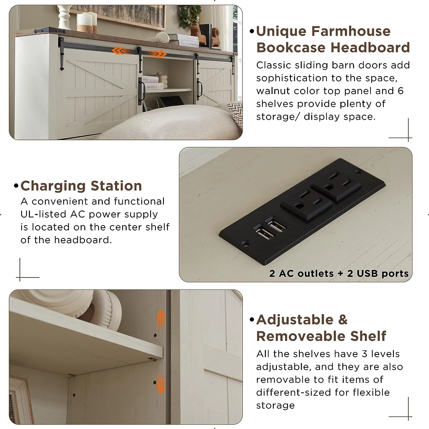 OKD Modern Farmhouse Full Platform Bed with Bookcase Headboard Storage and Charging Station, No Box Spring Needed, Anitique White Finish