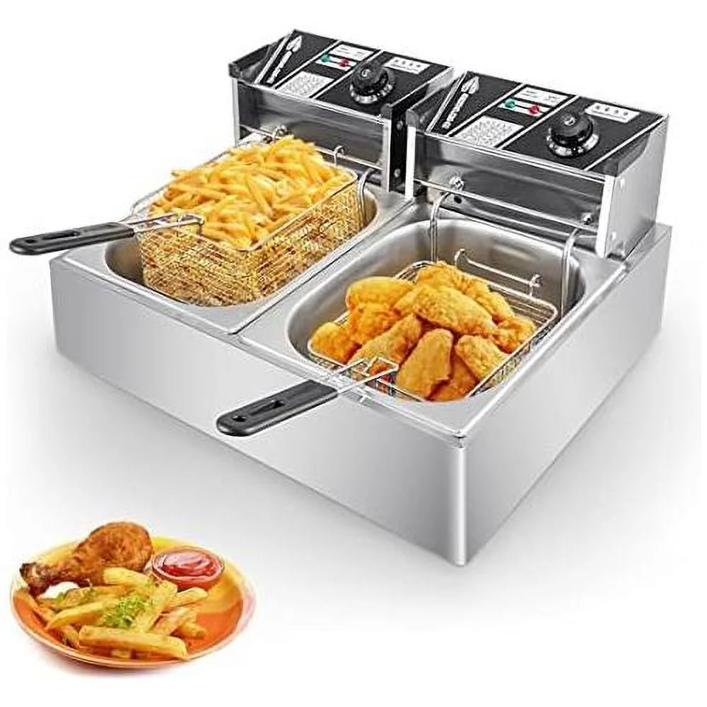 Electric Deep Fryer W/ 2 Baskets & Lids,Stainless Steel Countertop Oil Fryer,Temperature Limiter And Over Current Protection For Home Kitchen And Restaurant(3400W,12L) - Curated Treasures Market