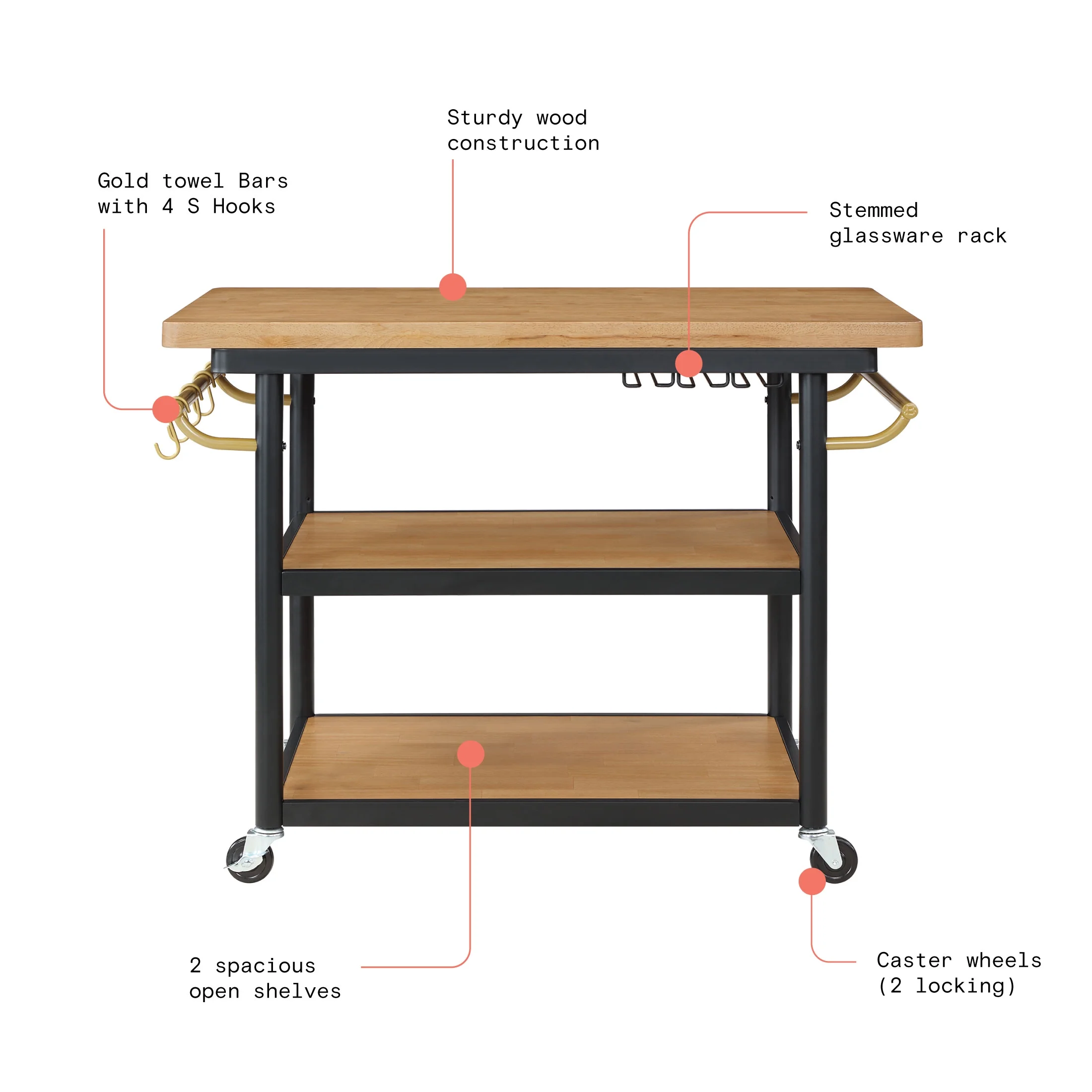 Beautiful Wheeled Kitchen Cart with 2 lower shelves by Drew Barrymore, Black Finish