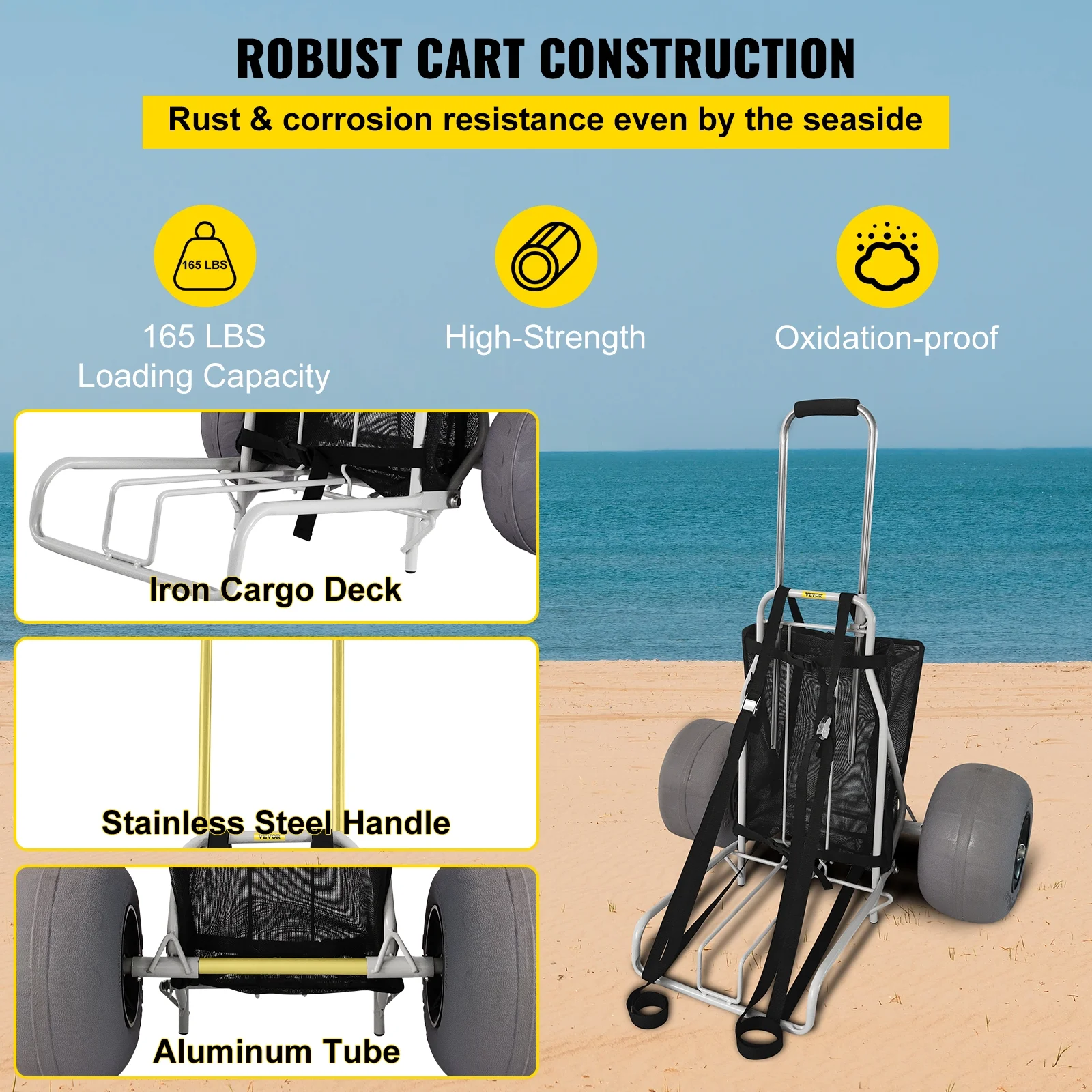 VEVOR Beach Carts for the Sand, w/ 12" TPU Balloon Wheels, 165Lbs Loading Capacity Folding Sand Cart & 29.5" to 49.2" Adjustable Height, Heavy Duty Cart for Picnic, Fishing, Beach
