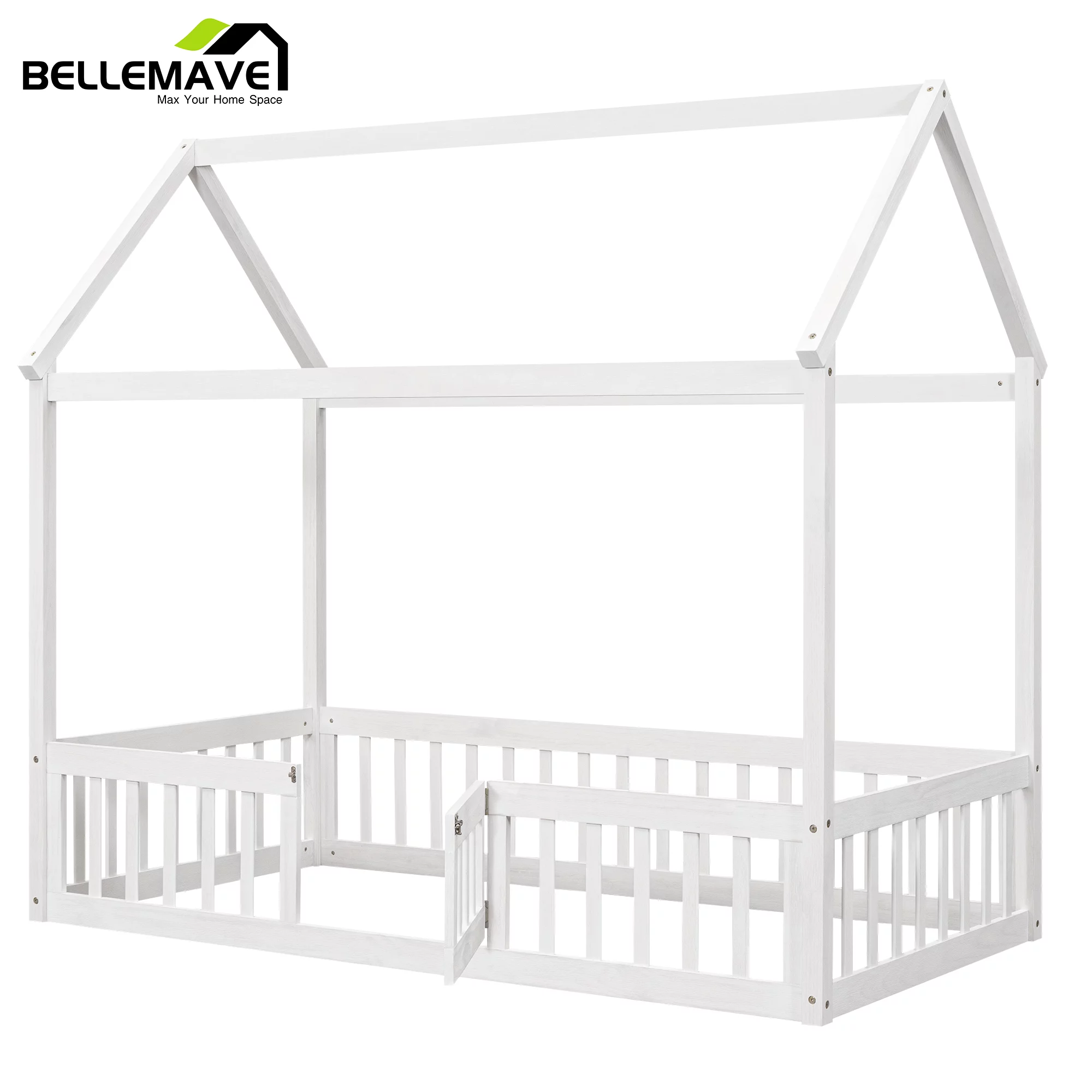 Montessori Bed/Twin House Floor Bed for Toddlers, Kids Girls, Boys,Montessori Floor Bed with Rails and Door,Toddler House Bed(White)