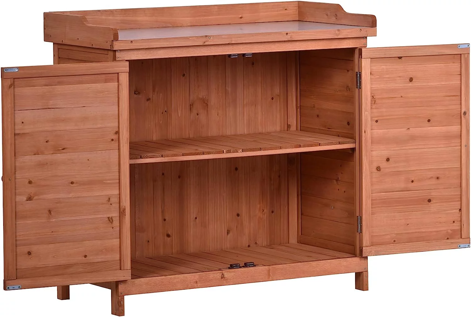Outdoor Storage Shed with Floor, Waterproof Wooden Storage Cabinet, Tool Shed with Potting Benches, Rustic Wooden Garden Shed Organizer with Shelves and Hooks, Fir Wood (Orange)