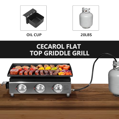 Cecarol 23in 3-Burner Propane Gas Griddle, 355 sq in, 25,500 BTU - For Outdoor, RV, Tailgating