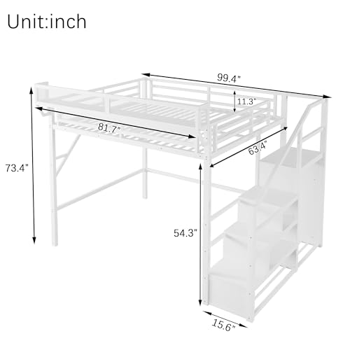 Full Size Loft Bed with Stairs and Storage, Metal Loft Bed Frame with Bedside Shelf and Large Under-Bed Space, Heavy-Duty Bed for Adults Teens and Kids, Black