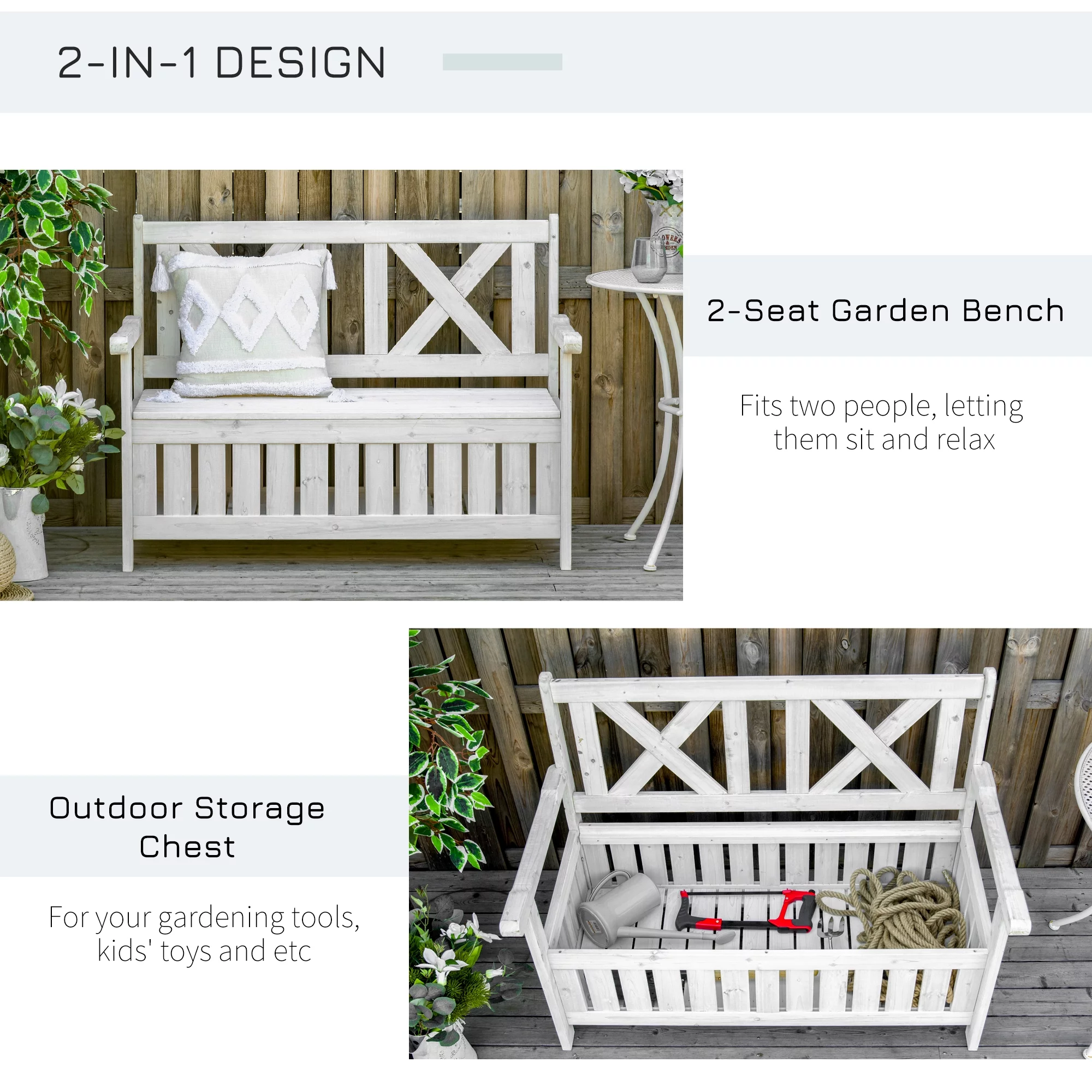 Outsunny Patio Wooden Bench with Storage Box, 29 Gallon Outdoor Storage Bench, Large Entryway Deck Box w/ Unique X-Shape Back, for Deck, Porch & Balcony, White