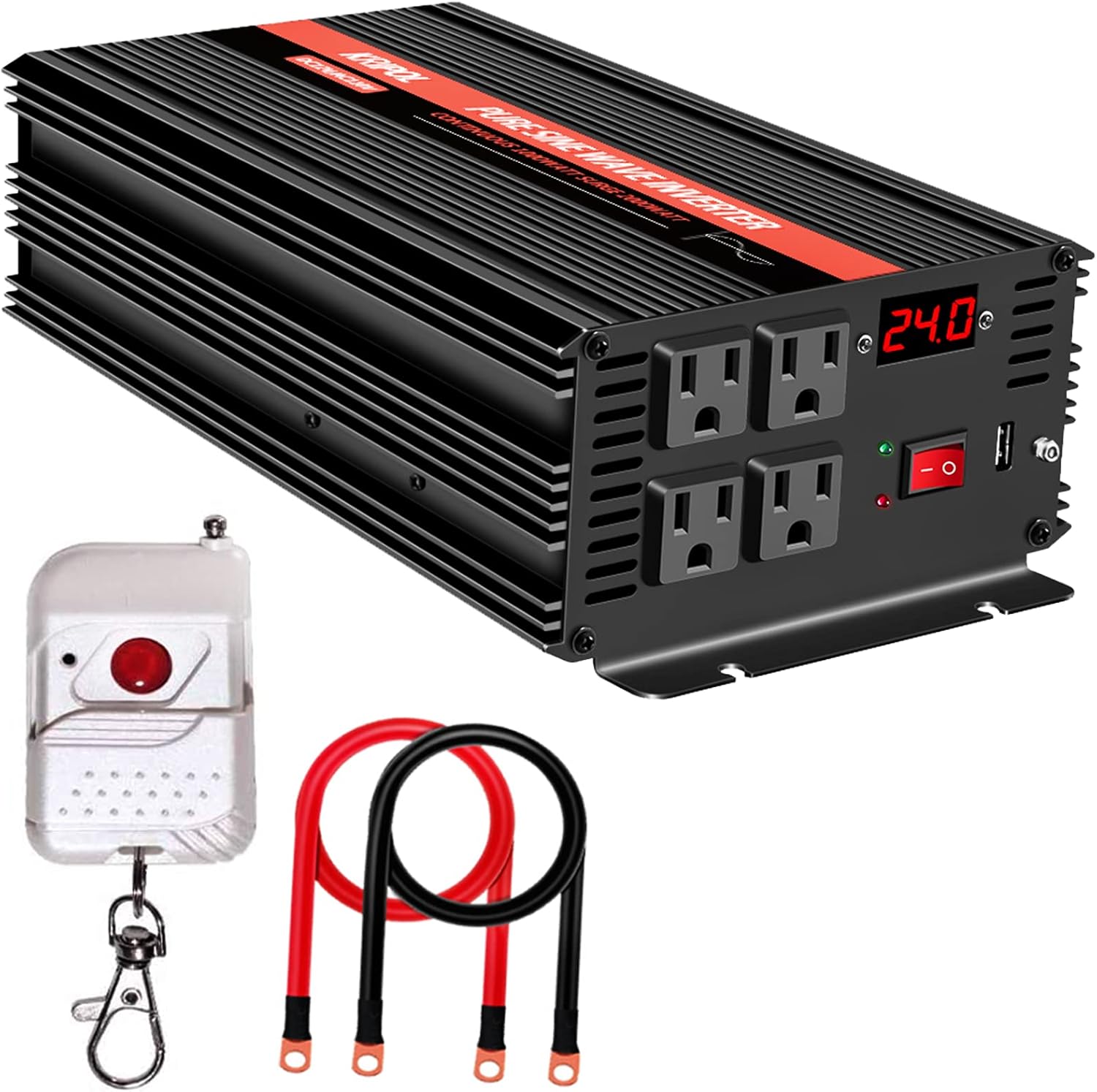2000 Watt Pure Sine Wave Inverter 24V DC to 110v/120v AC 60HZ, Car Power Inverter with 4 AC Outlets&1 USB Output 50M Wireless Remote Control for Truck/RV/CPAP-Peak 4000 Watt (2000W-24V)
